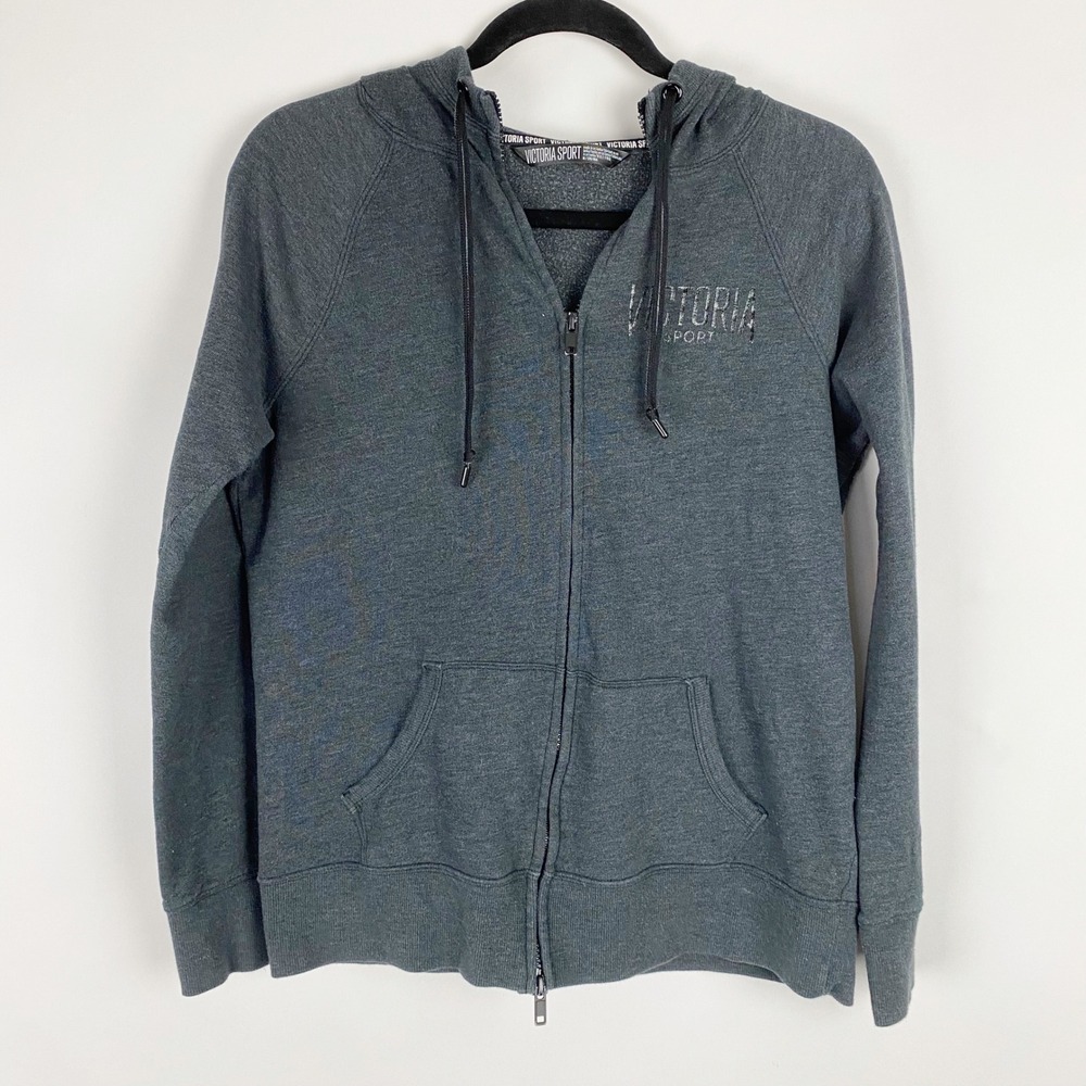 Victoria Sport Womens Full Zip Hoodie Charcoal Gray Back Logo Fleece Size M